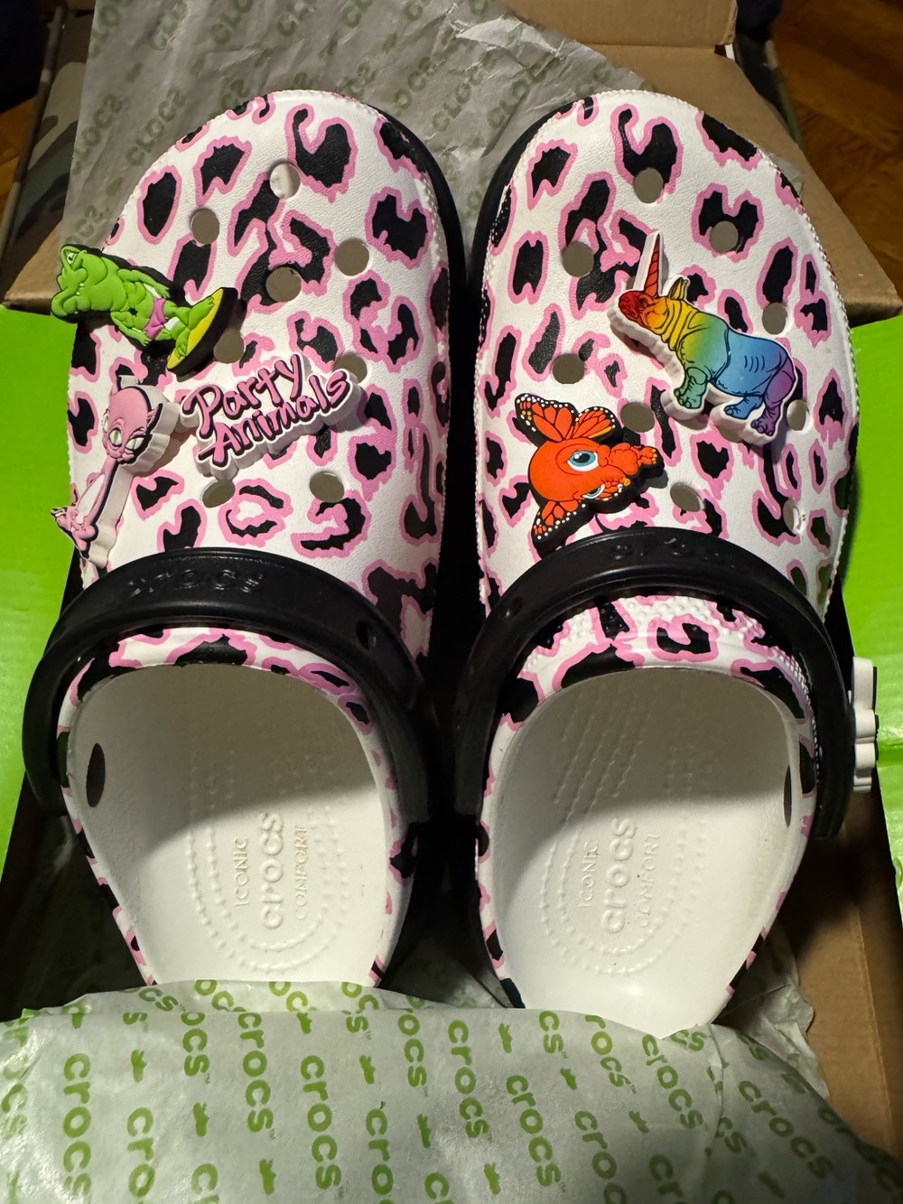 Unused Ron English/ Crocs in Pink Leopard Print Platform with Jibbitz Charms